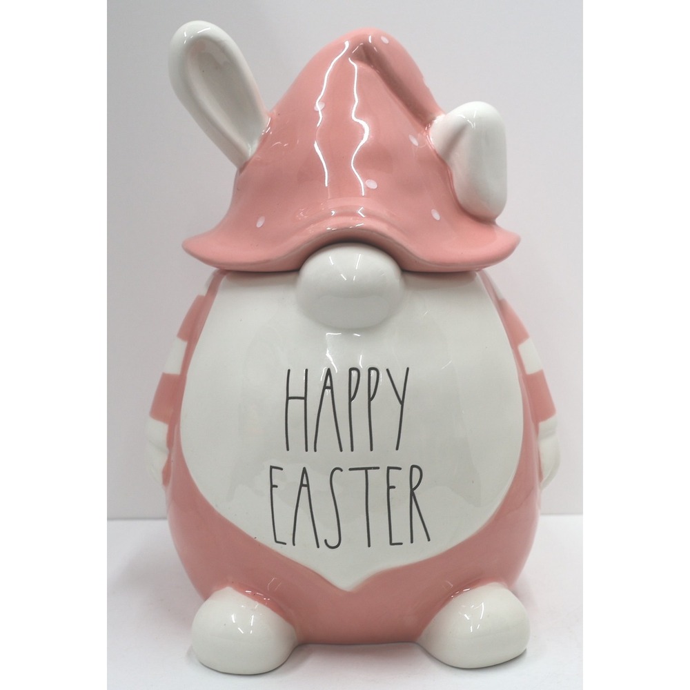 Rae Dunn Happy Easter Gnome Cookie Jar Pink White Bunny Ears Excellent Condition